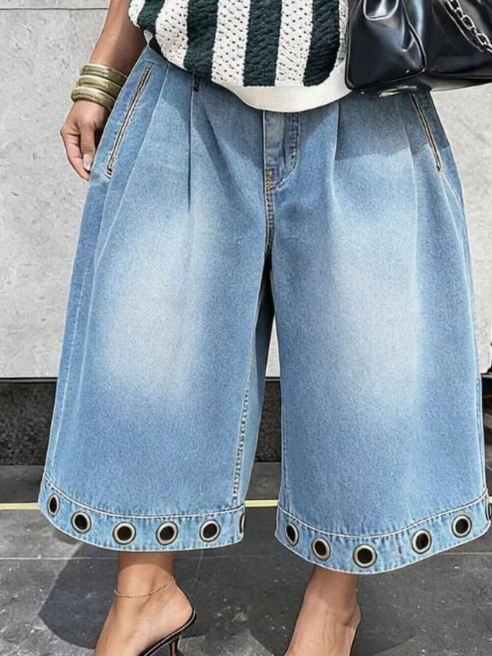 Wide Leg Jean with Grommet Details at the Hem